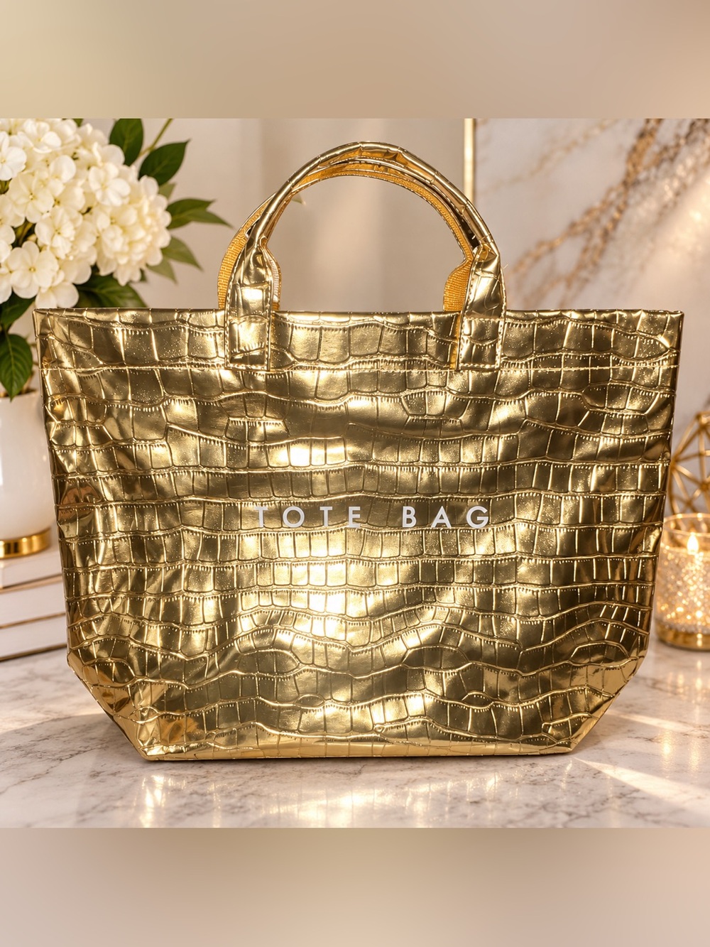 ✨ NWOT Glossy Metallic Gold Crocodile Embossed Tote Bag ✨